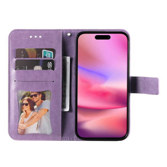 For iPhone 16 7-petal Flowers Embossing Leather Phone Case(Light Purple)