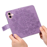 For iPhone 16 7-petal Flowers Embossing Leather Phone Case(Light Purple)