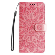 For iPhone 16e Embossed Sunflower Leather Phone Case(Pink)