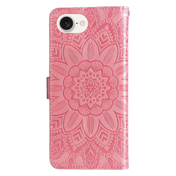 For iPhone 16e Embossed Sunflower Leather Phone Case(Pink)