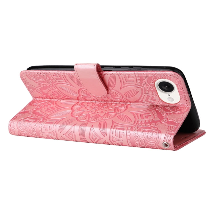 For iPhone 16e Embossed Sunflower Leather Phone Case(Pink)