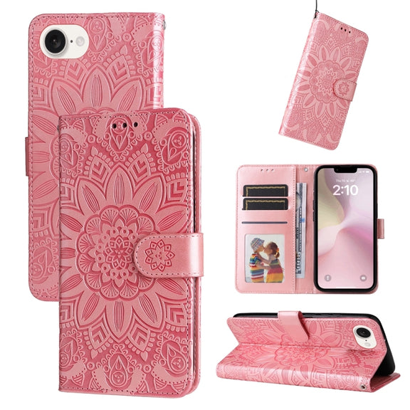 For iPhone 16e Embossed Sunflower Leather Phone Case(Pink)