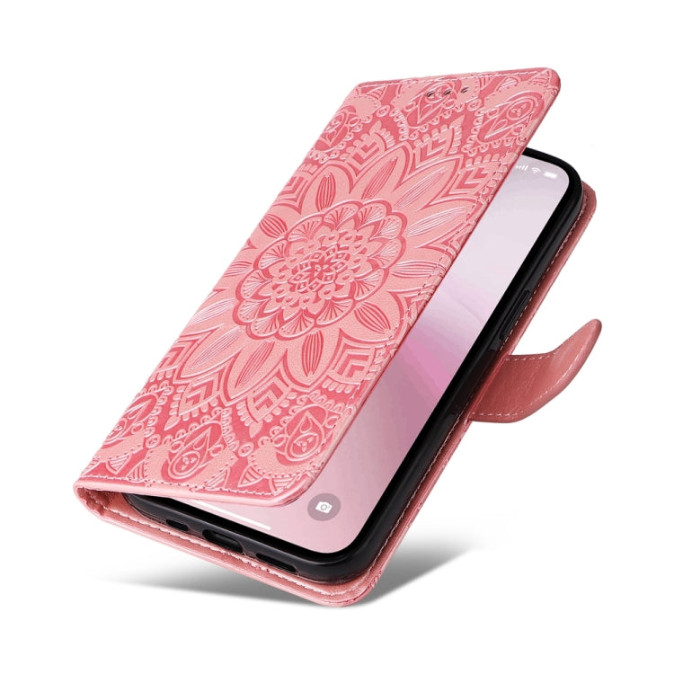 For iPhone 16e Embossed Sunflower Leather Phone Case(Pink)