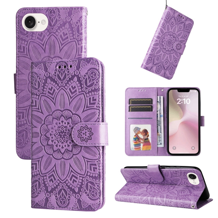 For iPhone 16e Embossed Sunflower Leather Phone Case(Purple) - iPhone 16e Cases by PMC TechLife | Online Shopping South Africa | PMC TechLife | Buy Now Pay Later Mobicred