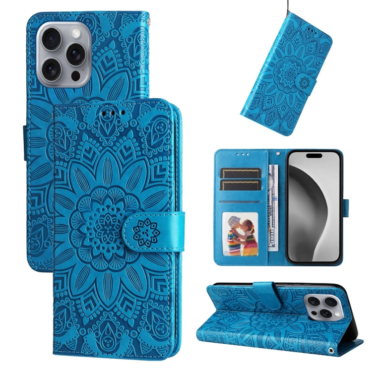 For iPhone 16 Pro Max Embossed Sunflower Leather Phone Case(Blue) - iPhone 16 Pro Max Cases by PMC TechLife | Online Shopping South Africa | PMC TechLife | Buy Now Pay Later Mobicred