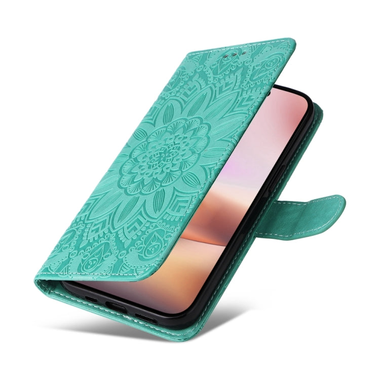 For iPhone 16 Plus Embossed Sunflower Leather Phone Case(Green) - iPhone 16 Plus Cases by PMC TechLife | Online Shopping South Africa | PMC TechLife | Buy Now Pay Later Mobicred