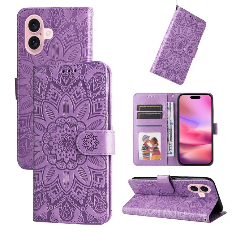 For iPhone 16 Embossed Sunflower Leather Phone Case(Purple) - iPhone 16 Cases by PMC TechLife | Online Shopping South Africa | PMC TechLife | Buy Now Pay Later Mobicred