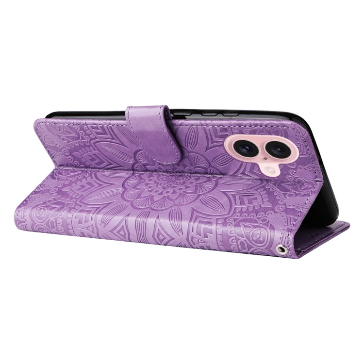For iPhone 16 Embossed Sunflower Leather Phone Case(Purple) - iPhone 16 Cases by PMC TechLife | Online Shopping South Africa | PMC TechLife | Buy Now Pay Later Mobicred