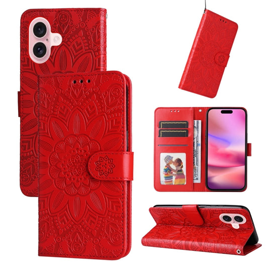 For iPhone 16 Embossed Sunflower Leather Phone Case(Red) - free shipping - PMC Jewellery - Order now!