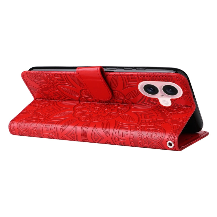 For iPhone 16 Embossed Sunflower Leather Phone Case(Red)