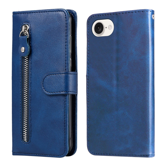 For iPhone 16e Fashion Calf Texture Zipper Leather Phone Case(Blue)
