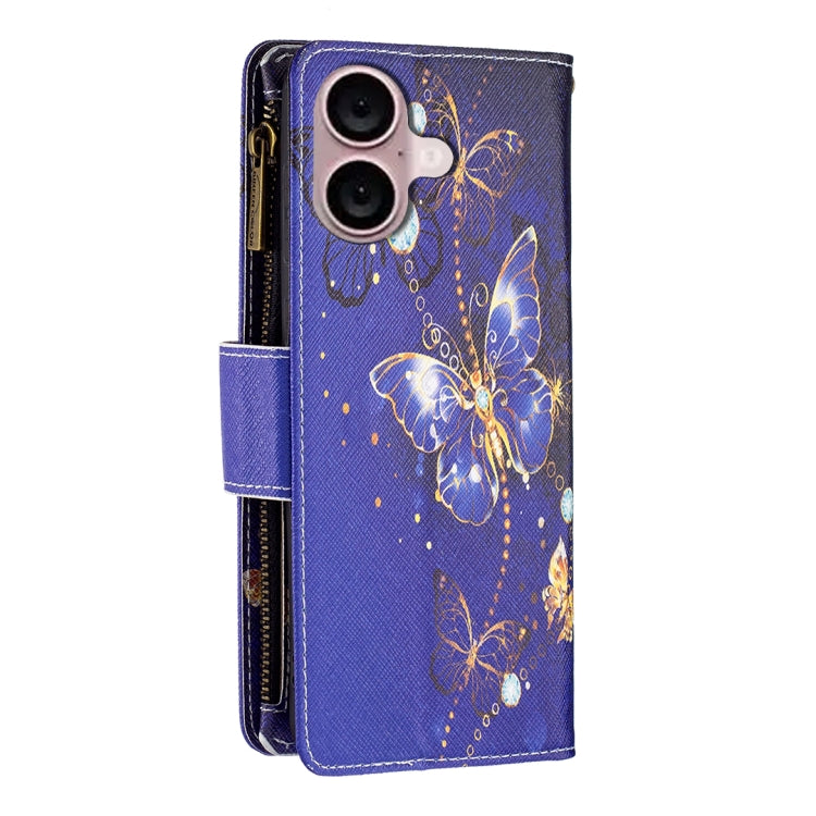 For iPhone 16 Colored Drawing Pattern Zipper Phone Leather Case(Purple Butterfly)