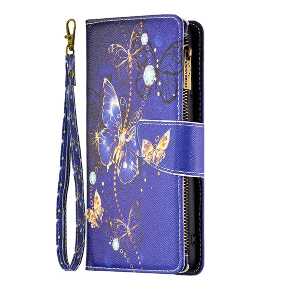 For iPhone 16 Plus Colored Drawing Pattern Zipper Phone Leather Case(Purple Butterfly)