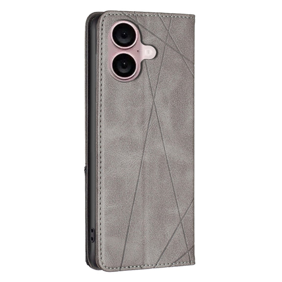 For iPhone 16 Plus Rhombus Texture Magnetic Leather Phone Case(Grey)