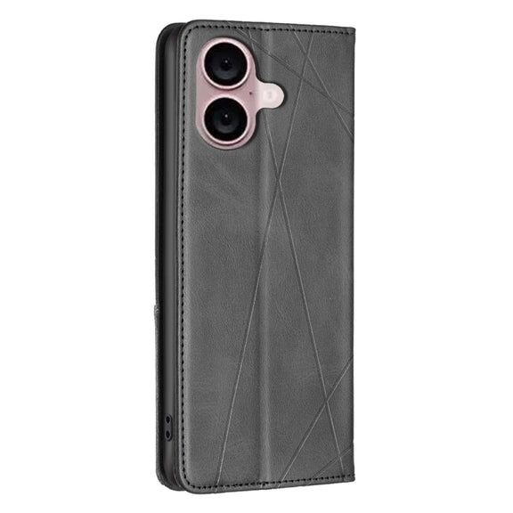 For iPhone 16 Plus Rhombus Texture Magnetic Leather Phone Case(Black)