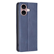 For iPhone 16 Plus Rhombus Texture Magnetic Leather Phone Case(Blue)