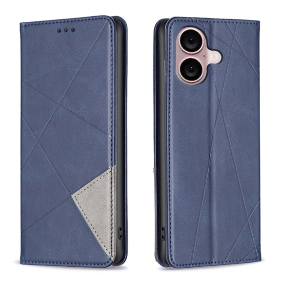 For iPhone 16 Plus Rhombus Texture Magnetic Leather Phone Case(Blue)