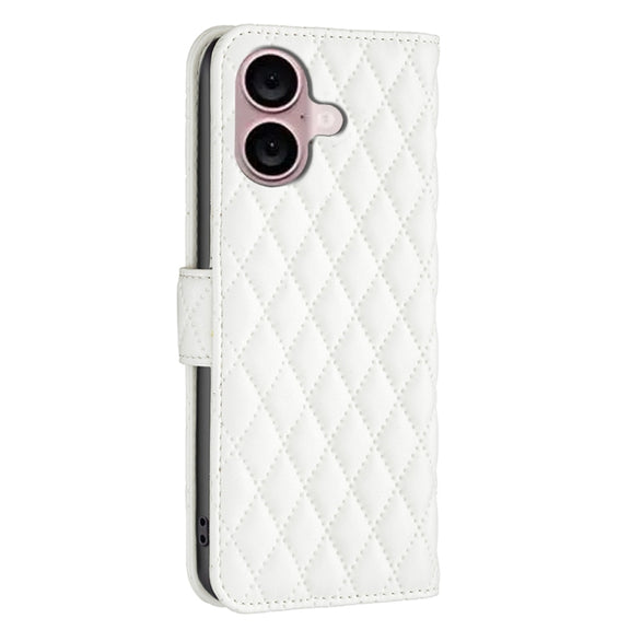 For iPhone 16 Diamond Lattice Wallet Flip Leather Phone Case(White)