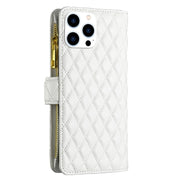 For iPhone 16 Pro Max Diamond Lattice Zipper Wallet Leather Flip Phone Case(White)