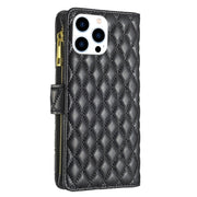 For iPhone 16 Pro Max Diamond Lattice Zipper Wallet Leather Flip Phone Case(Black)
