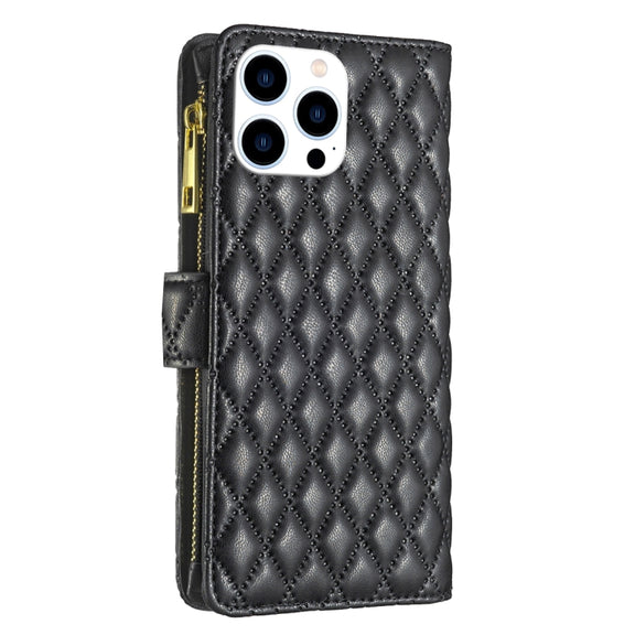 For iPhone 16 Pro Max Diamond Lattice Zipper Wallet Leather Flip Phone Case(Black)