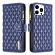 For iPhone 16 Pro Diamond Lattice Zipper Wallet Leather Flip Phone Case(Blue) - iPhone 16 Pro Cases by PMC TechLife | Online Shopping South Africa | PMC TechLife | Buy Now Pay Later Mobicred