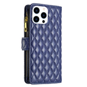 For iPhone 16 Pro Diamond Lattice Zipper Wallet Leather Flip Phone Case(Blue)