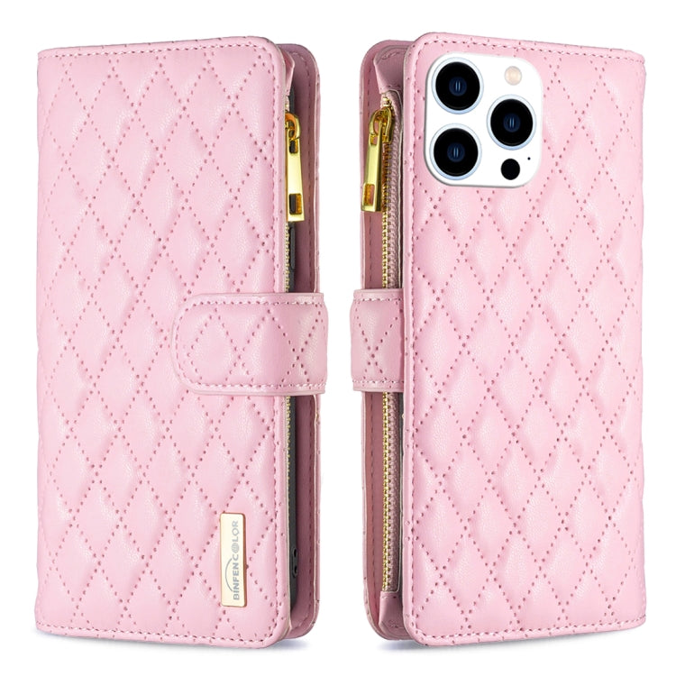 For iPhone 16 Pro Diamond Lattice Zipper Wallet Leather Flip Phone Case(Pink) - free shipping - PMC Jewellery - Order now!