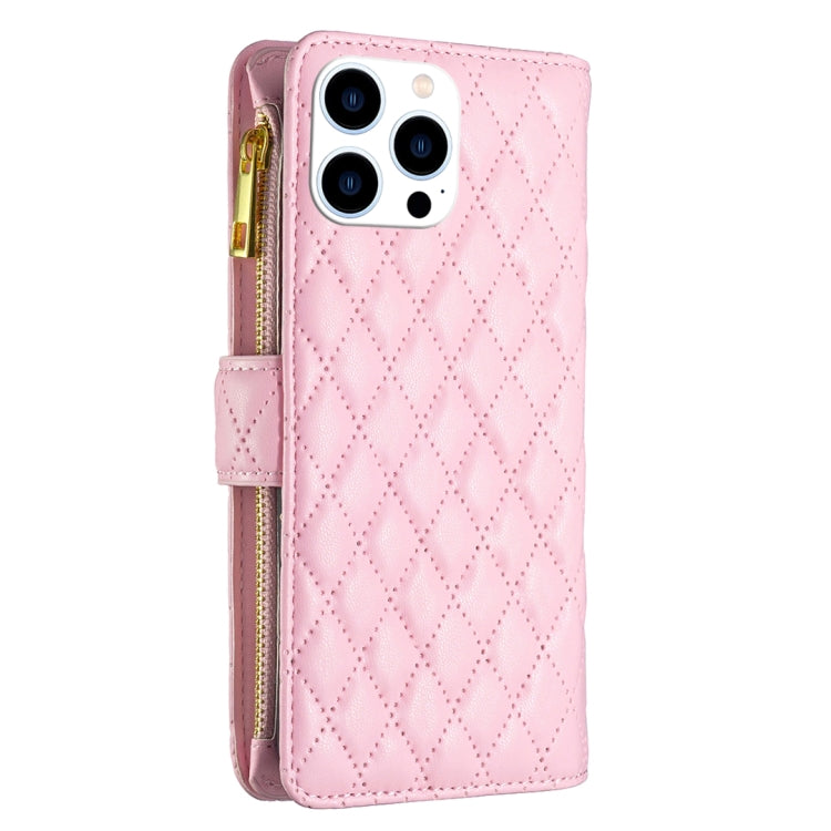 For iPhone 16 Pro Diamond Lattice Zipper Wallet Leather Flip Phone Case(Pink) - free shipping - PMC Jewellery - Order now!