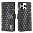For iPhone 16 Pro Diamond Lattice Zipper Wallet Leather Flip Phone Case(Black) - iPhone 16 Pro Cases by PMC TechLife | Online Shopping South Africa | PMC TechLife | Buy Now Pay Later Mobicred