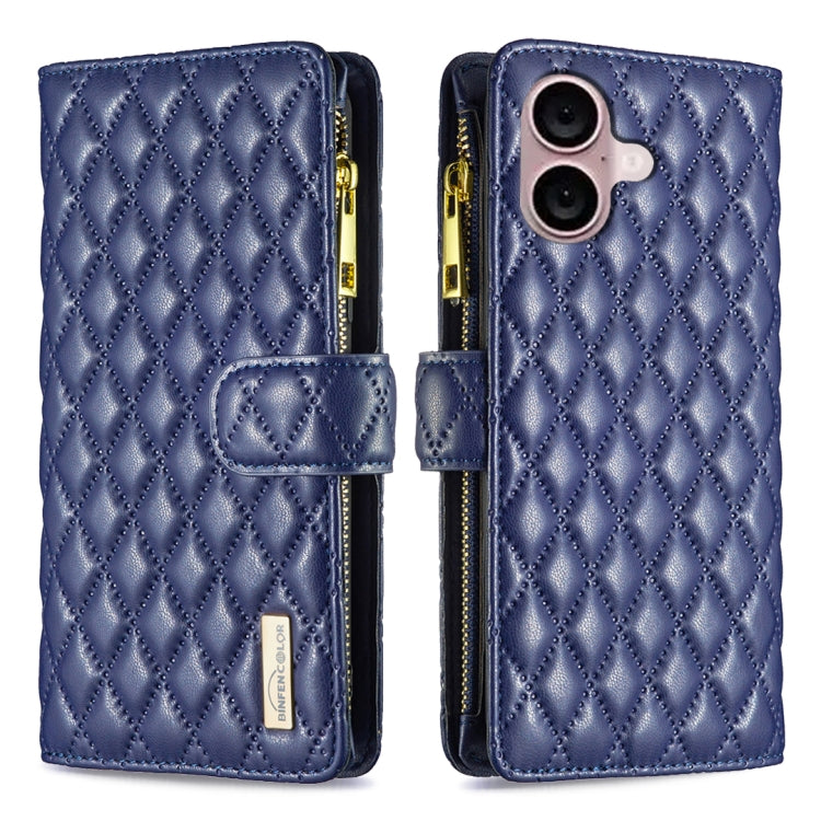 For iPhone 16 Diamond Lattice Zipper Wallet Leather Flip Phone Case(Blue) - iPhone 16 Cases by PMC Jewellery | Online Shopping South Africa | PMC Jewellery | Buy Now Pay Later Mobicred