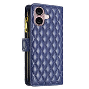 For iPhone 16 Diamond Lattice Zipper Wallet Leather Flip Phone Case(Blue)