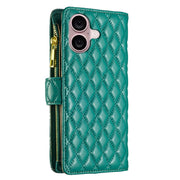 For iPhone 16 Diamond Lattice Zipper Wallet Leather Flip Phone Case(Green)