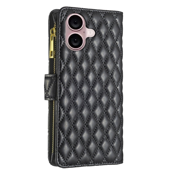 For iPhone 16 Diamond Lattice Zipper Wallet Leather Flip Phone Case(Black)