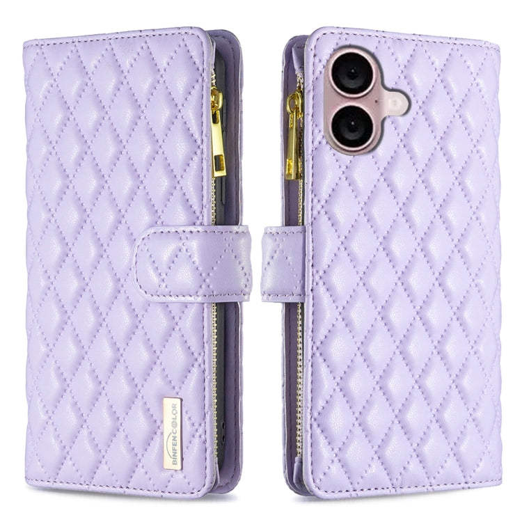For iPhone 16 Plus Diamond Lattice Zipper Wallet Leather Flip Phone Case(Purple) - iPhone 16 Plus Cases by PMC TechLife | Online Shopping South Africa | PMC TechLife | Buy Now Pay Later Mobicred