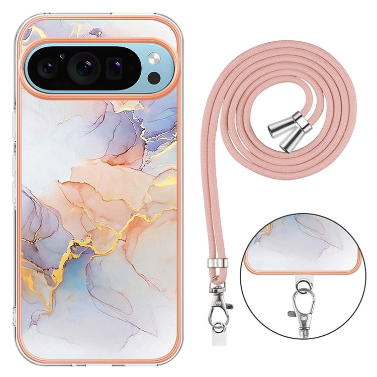 For Google Pixel 9 / 9 Pro Electroplating IMD TPU Phone Case with Lanyard(White Marble) - Google Cases by PMC TechLife | Online Shopping South Africa | PMC TechLife | Buy Now Pay Later Mobicred