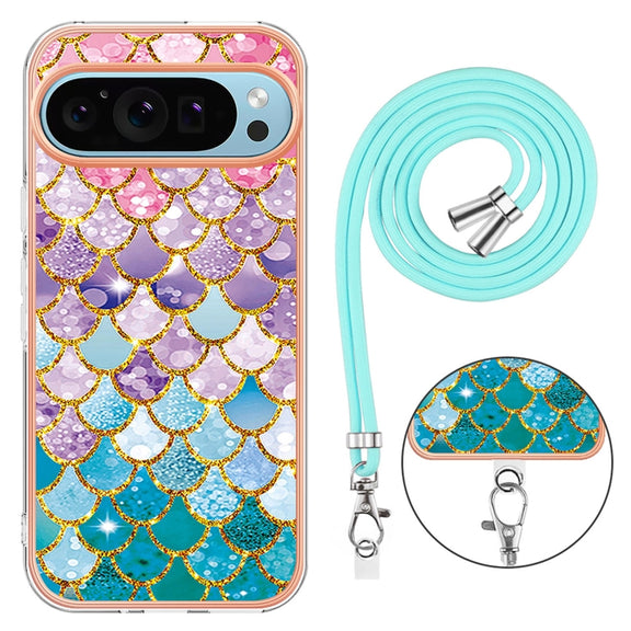 For Google Pixel 9 Pro XL Electroplating IMD TPU Phone Case with Lanyard(Colorful Scales)
