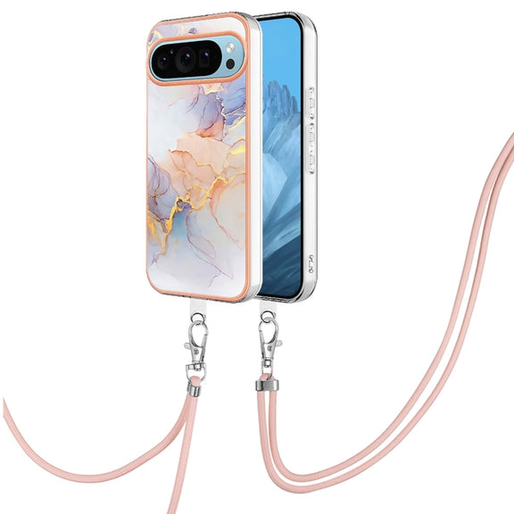 For Google Pixel 9 Pro XL Electroplating IMD TPU Phone Case with Lanyard(White Marble)