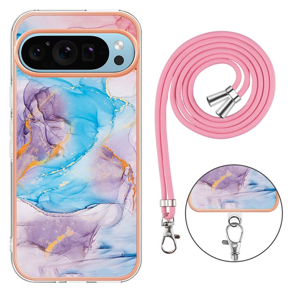 For Google Pixel 9 Pro XL Electroplating IMD TPU Phone Case with Lanyard(Blue Marble)