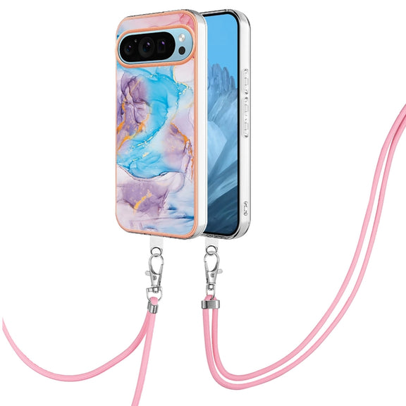 For Google Pixel 9 Pro XL Electroplating IMD TPU Phone Case with Lanyard(Blue Marble)