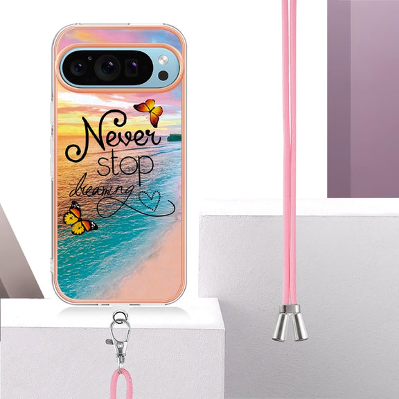 For Google Pixel 9 Pro XL Electroplating IMD TPU Phone Case with Lanyard(Dream Butterfly)