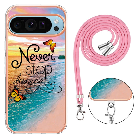 For Google Pixel 9 Pro XL Electroplating IMD TPU Phone Case with Lanyard(Dream Butterfly)