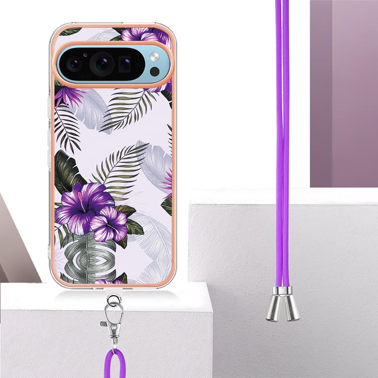 For Google Pixel 9 Pro XL Electroplating IMD TPU Phone Case with Lanyard(Purple Flower) - Google Cases by PMC TechLife | Online Shopping South Africa | PMC TechLife | Buy Now Pay Later Mobicred