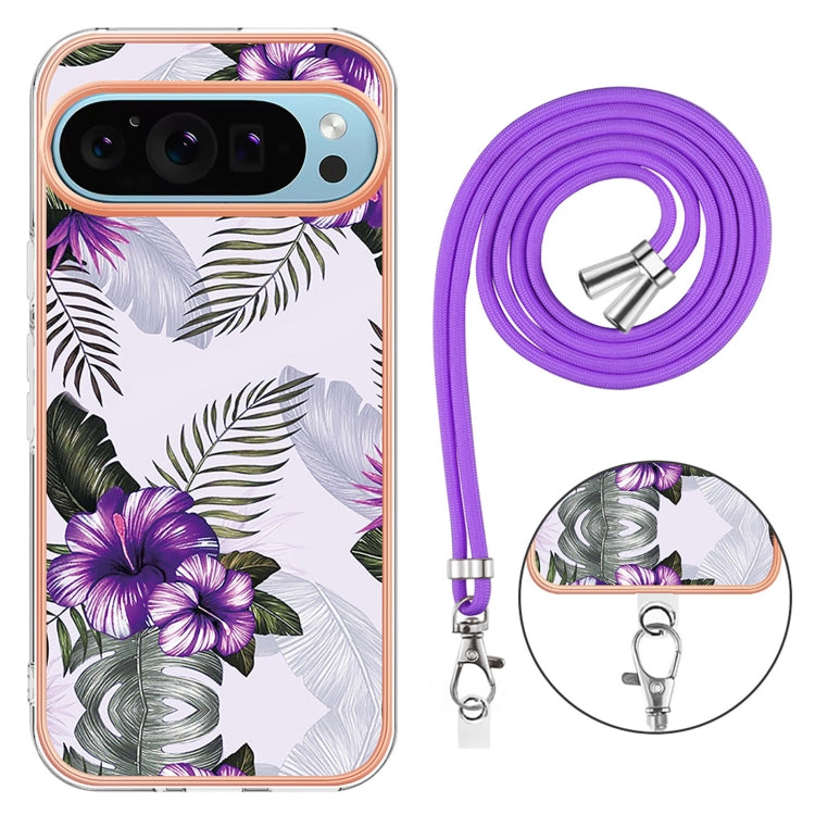 For Google Pixel 9 Pro XL Electroplating IMD TPU Phone Case with Lanyard(Purple Flower) - Google Cases by PMC TechLife | Online Shopping South Africa | PMC TechLife | Buy Now Pay Later Mobicred