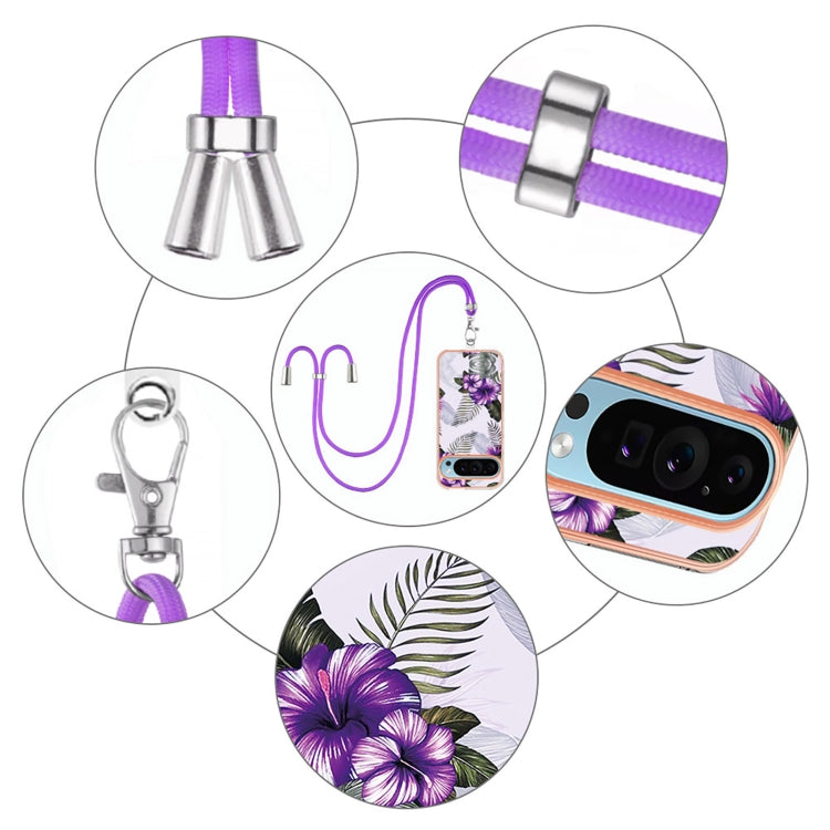 For Google Pixel 9 Pro XL Electroplating IMD TPU Phone Case with Lanyard(Purple Flower) - Google Cases by PMC TechLife | Online Shopping South Africa | PMC TechLife | Buy Now Pay Later Mobicred