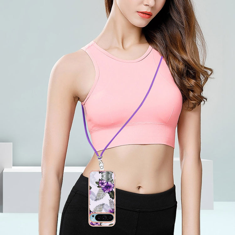 For Google Pixel 9 Pro XL Electroplating IMD TPU Phone Case with Lanyard(Purple Flower) - Google Cases by PMC TechLife | Online Shopping South Africa | PMC TechLife | Buy Now Pay Later Mobicred