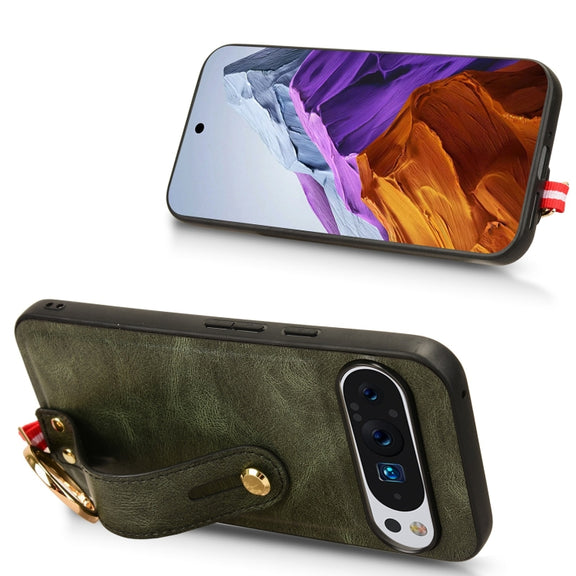 For Google Pixel 9 Pro Wristband Leather Back Phone Case(Green)