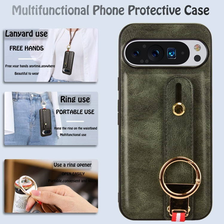 For Google Pixel 9 Pro Wristband Leather Back Phone Case(Green)
