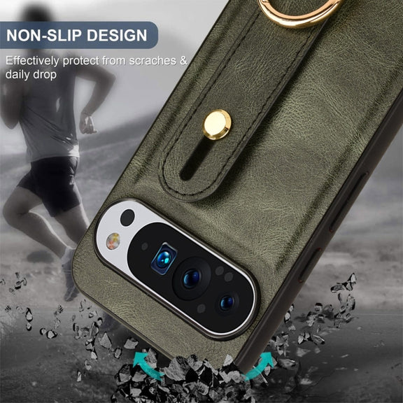 For Google Pixel 9 Pro Wristband Leather Back Phone Case(Green)