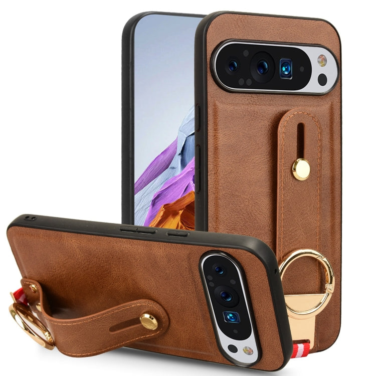 For Google Pixel 9 Pro Wristband Leather Back Phone Case(Brown) - Google Cases by PMC TechLife | Online Shopping South Africa | PMC TechLife | Buy Now Pay Later Mobicred